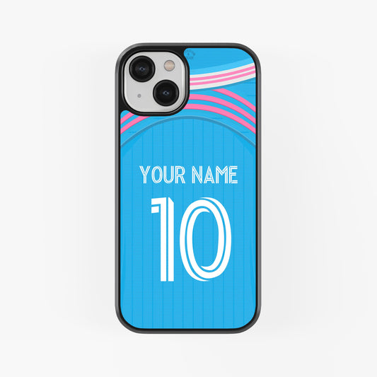 Phone case with blue background, white text area for 'Your Name' and number '10', and pink accents on a white background.