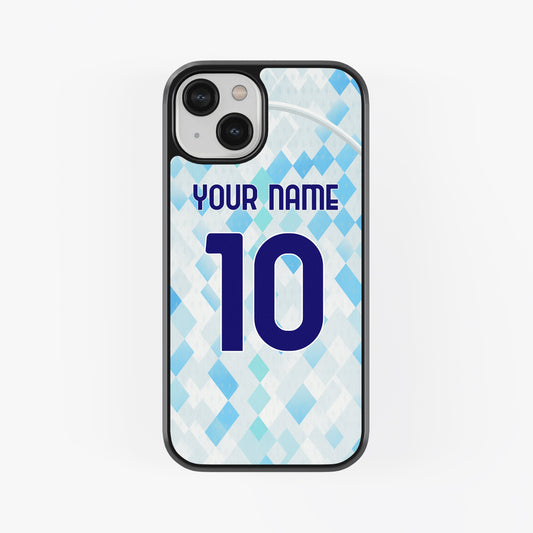 Phone case with customizable name and number on a blue and white patterned background