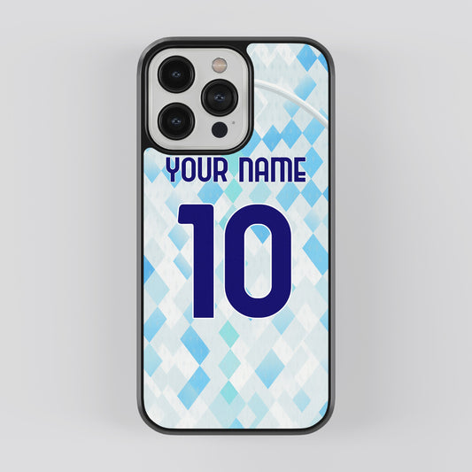 Phone case with blue and white pattern and customizable text on a gray background