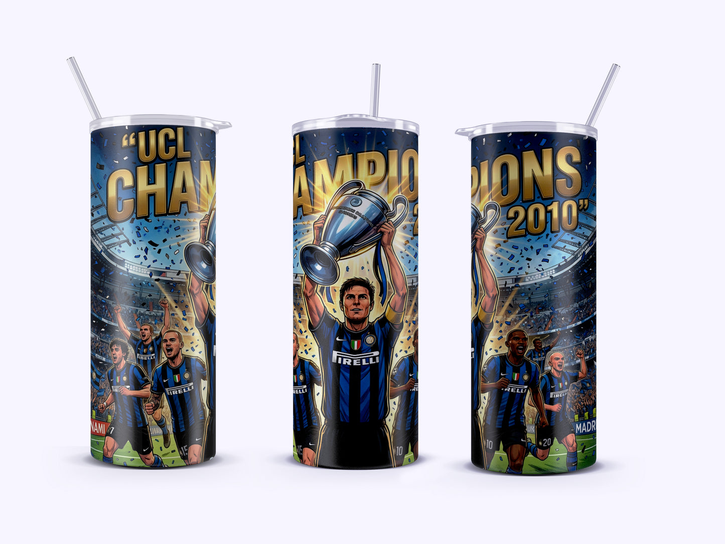 Three tumblers with soccer-themed designs and text on a white background