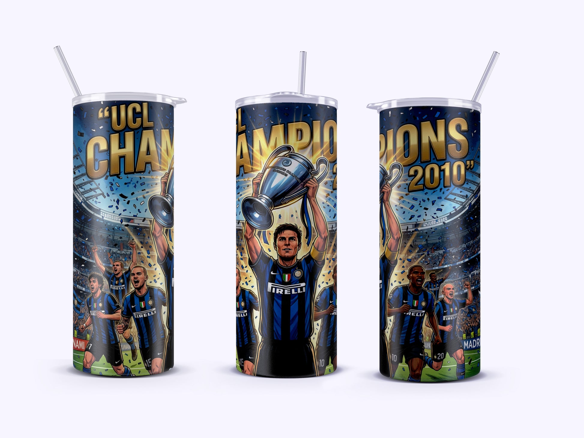 Three tumblers with soccer-themed designs and text on a white background
