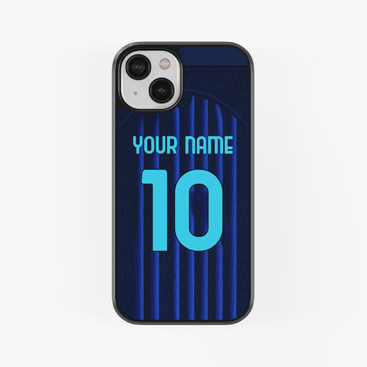 Phone case with customizable text on a blue and black striped background