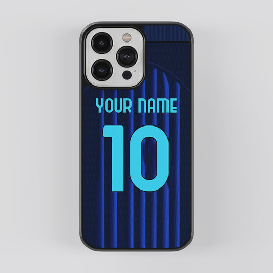 Phone case with customizable text on a blue and black striped background