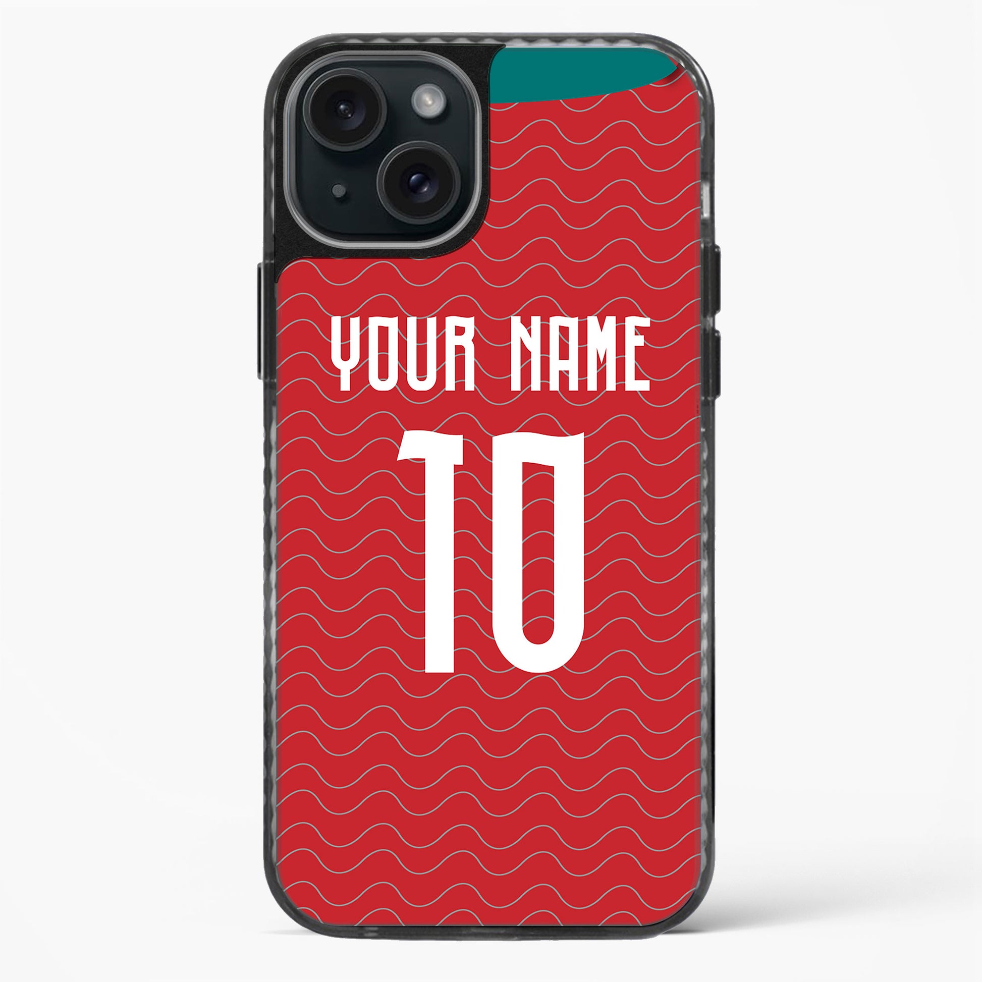 Phone case with red wavy pattern and text space for 'Your Name Here'