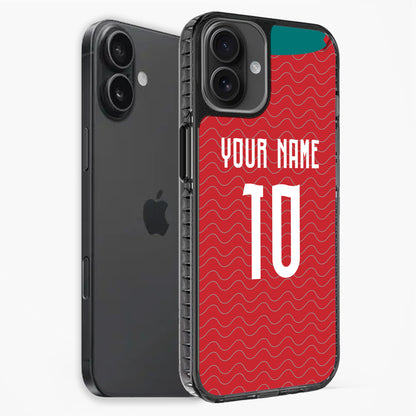 Phone case with red design and space for personalization on a white background