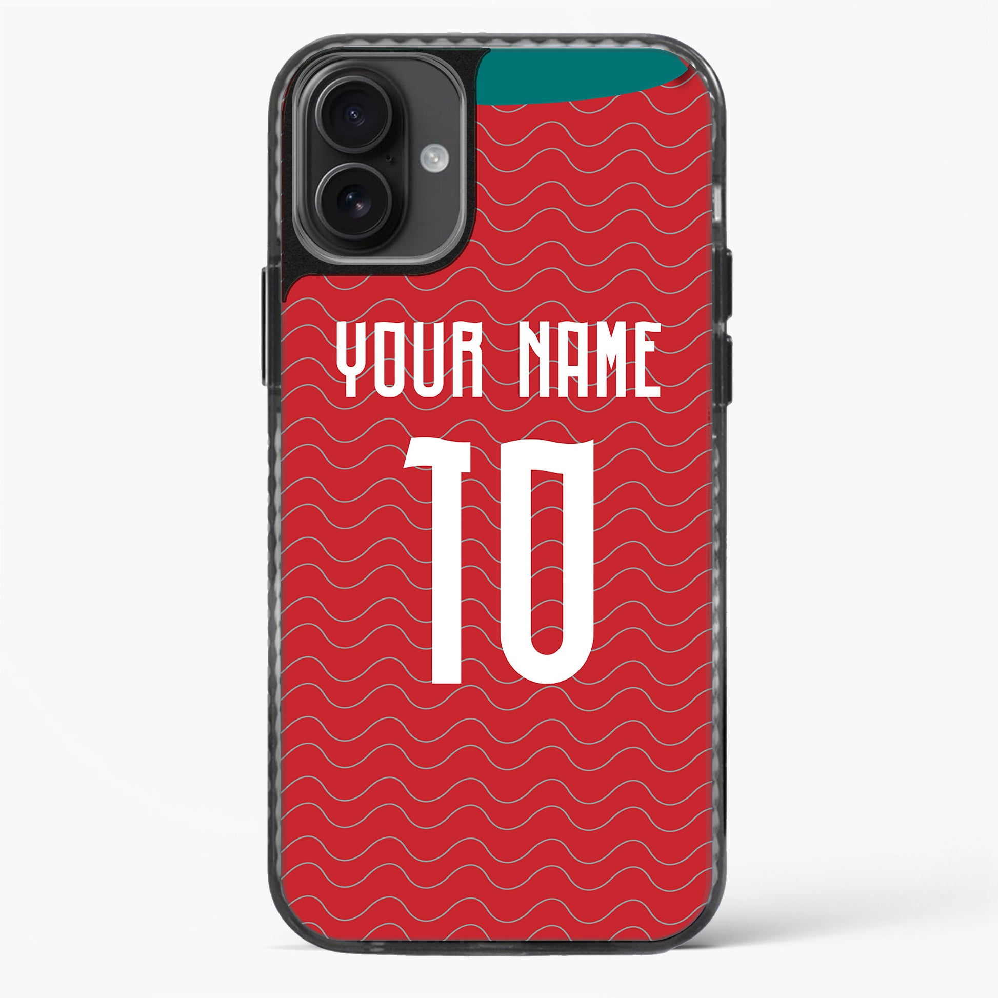 Phone case with red background and wavy pattern, customizable text 'YOUR NAME TO'