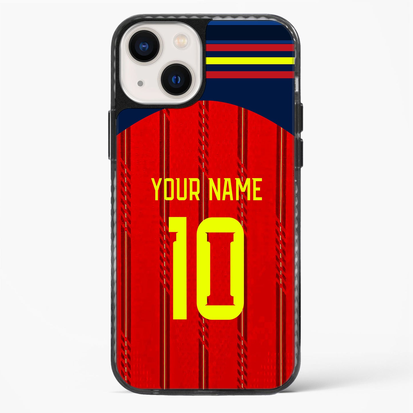 Phone case with red and blue design, yellow number 10, and customizable text on a white background
