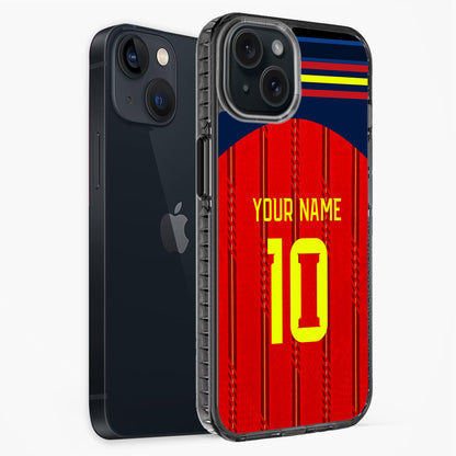 Phone case with red and blue design, featuring 'Your Name' and number '10', on a white background.