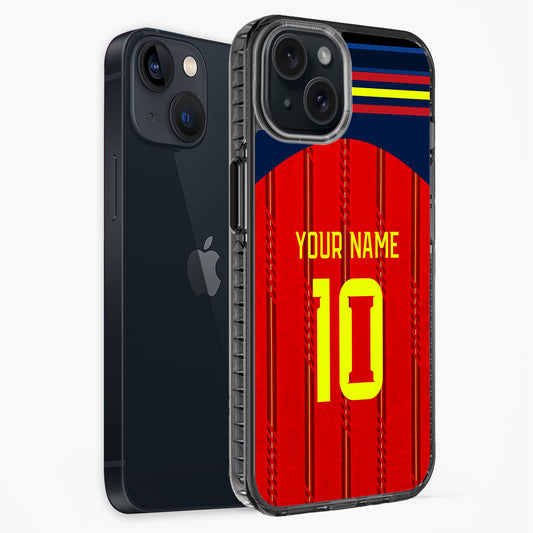 Phone case with red and blue design, featuring 'Your Name' and number '10', on a white background.