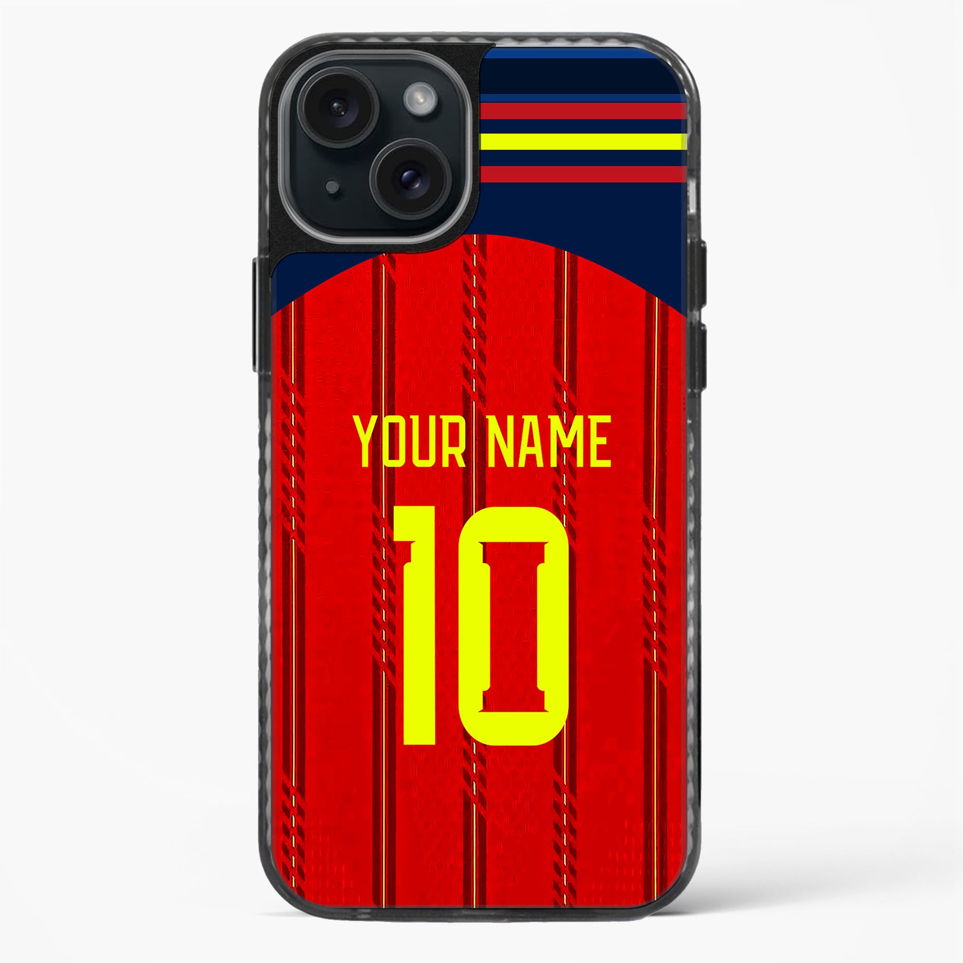 Phone case with red and blue design, yellow number 10, and customizable text on a white background