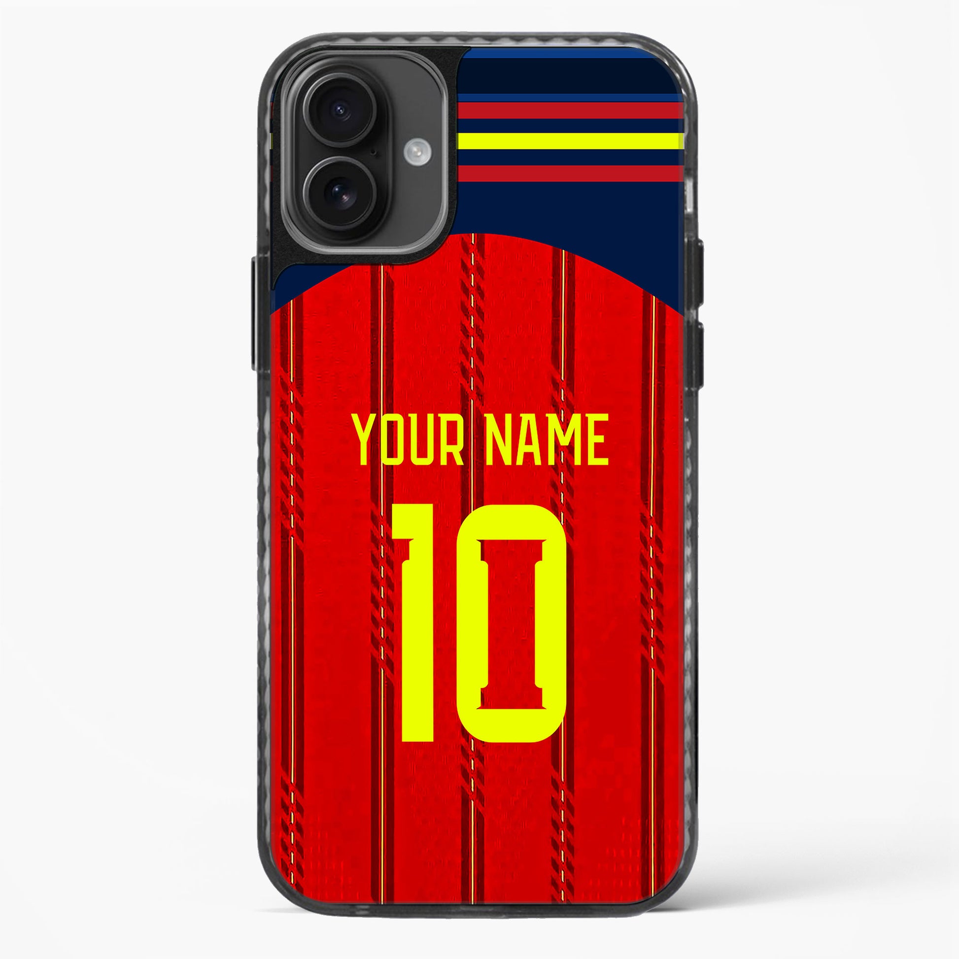 Phone case with red and blue design, yellow number 10, and customizable text on a white background