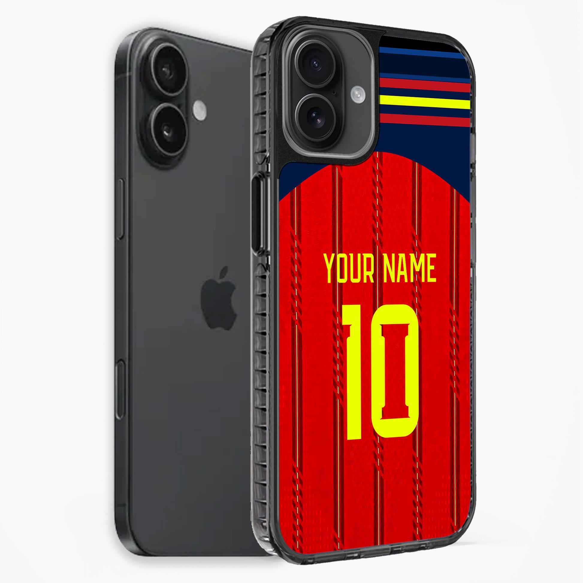 Phone case with red and blue design, featuring 'Your Name' and number '10', on a white background.