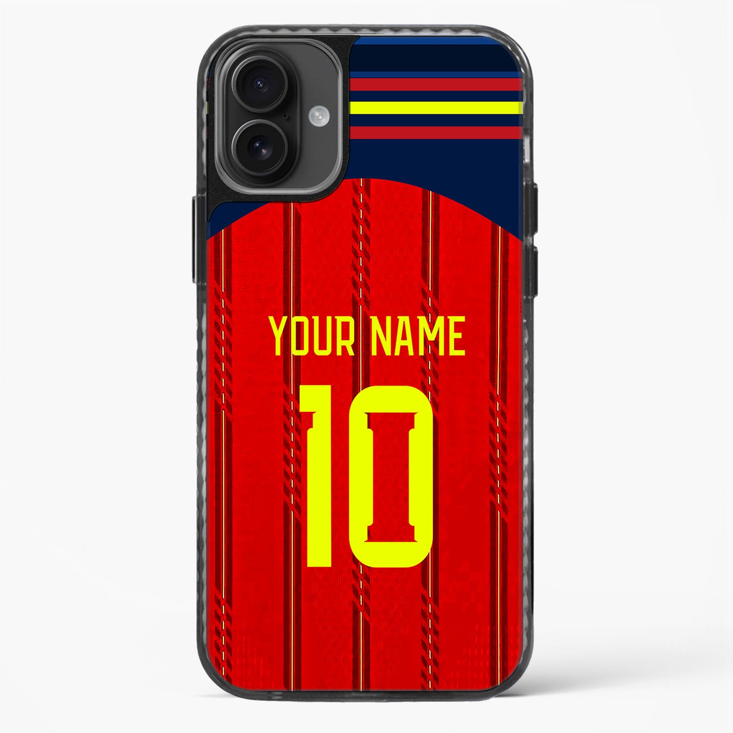 Phone case with red and blue design, yellow number 10, and customizable text on a white background