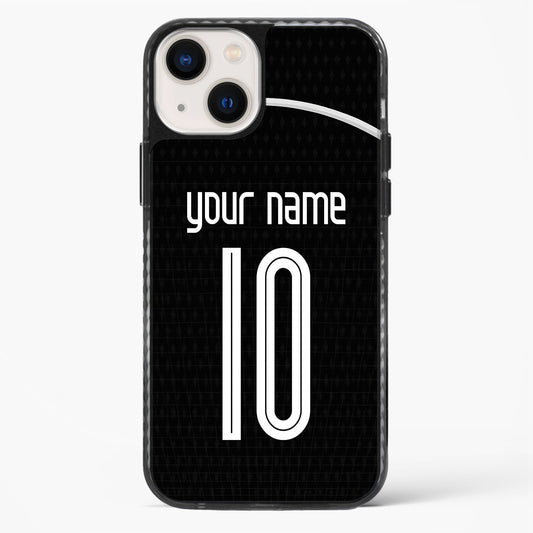 Phone case with customizable text on a black background