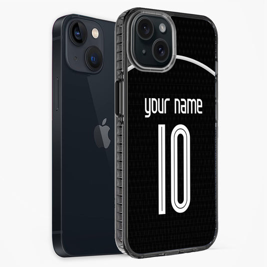Black phone case with customizable name and number on a white background