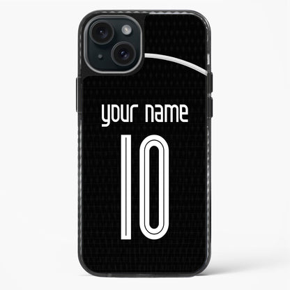 Phone case with customizable text on a black background