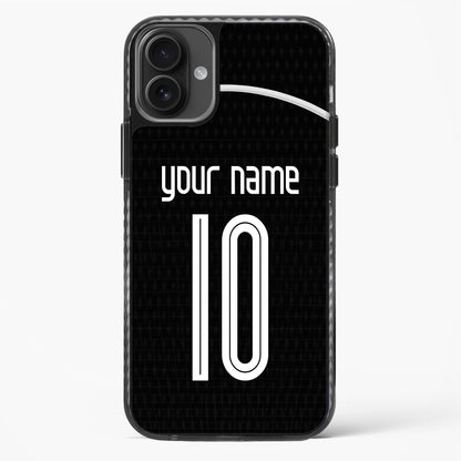 Phone case with customizable text on a black background