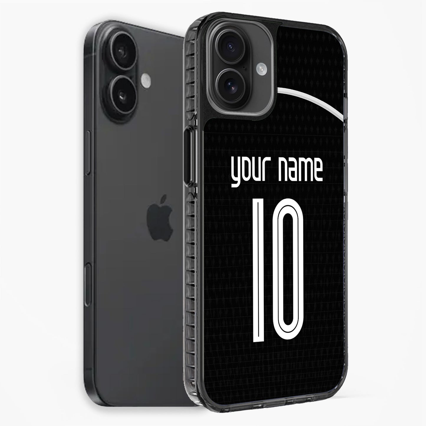 Black phone case with 'your name' and number '10' on a white background