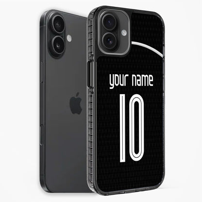 Black phone case with 'your name' and number '10' on a white background