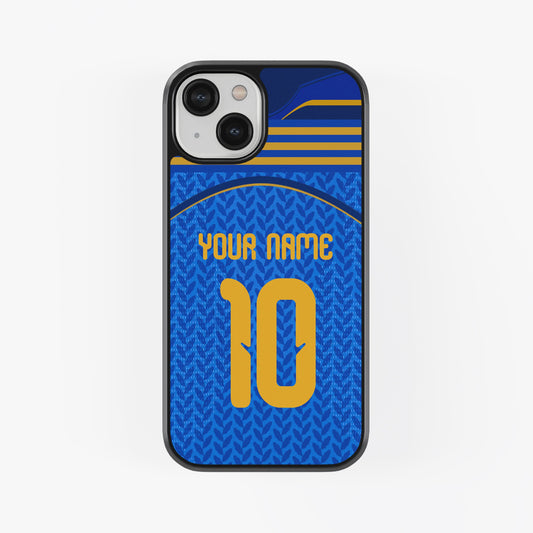 Blue phone case with yellow text and design on a white background