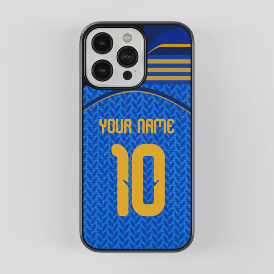 Phone case with blue and yellow design, customizable text, on a light gray background