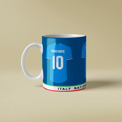 Mug designed like a Italy soccer jersey on a beige background