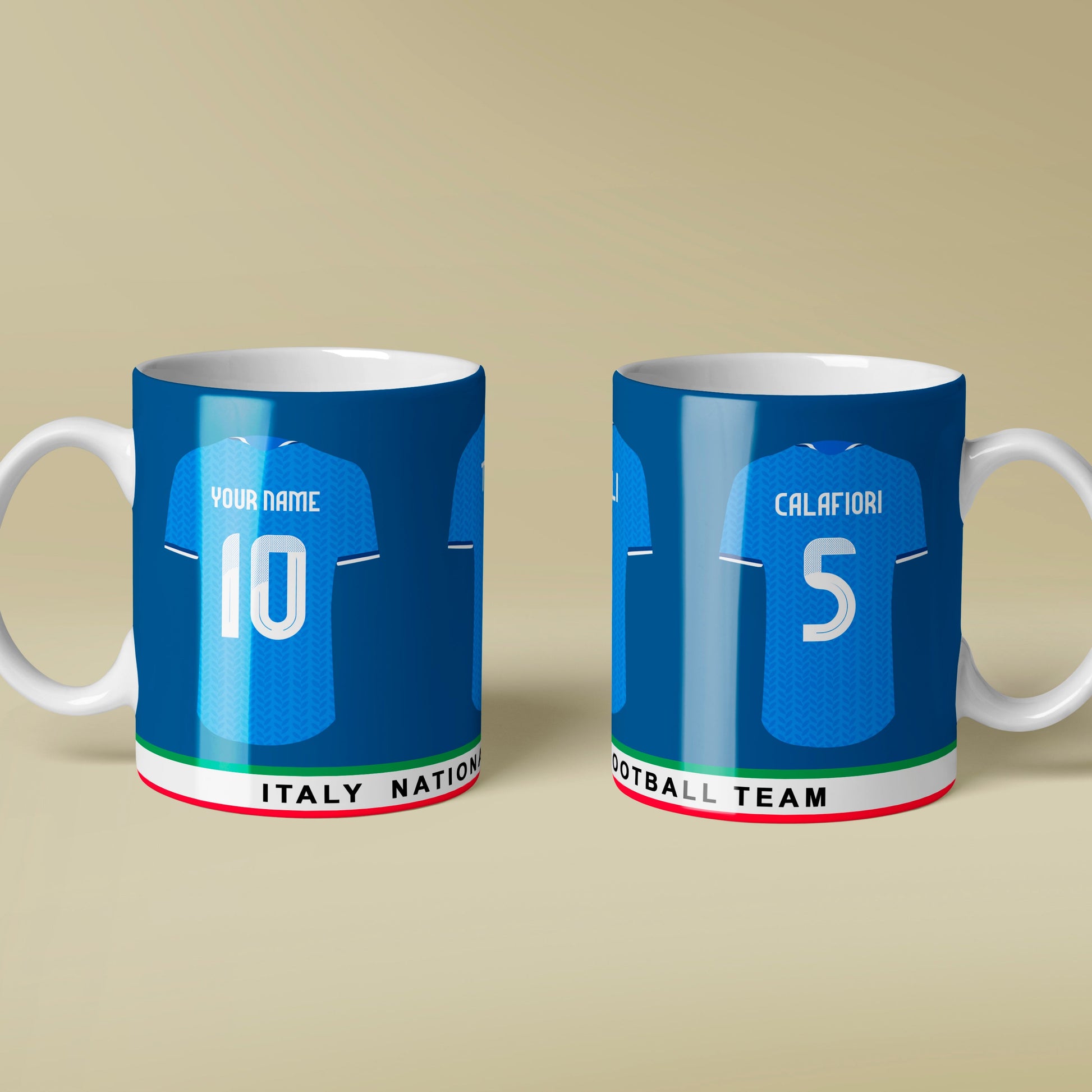 Two mugs with Italy national football team jerseys on a beige background