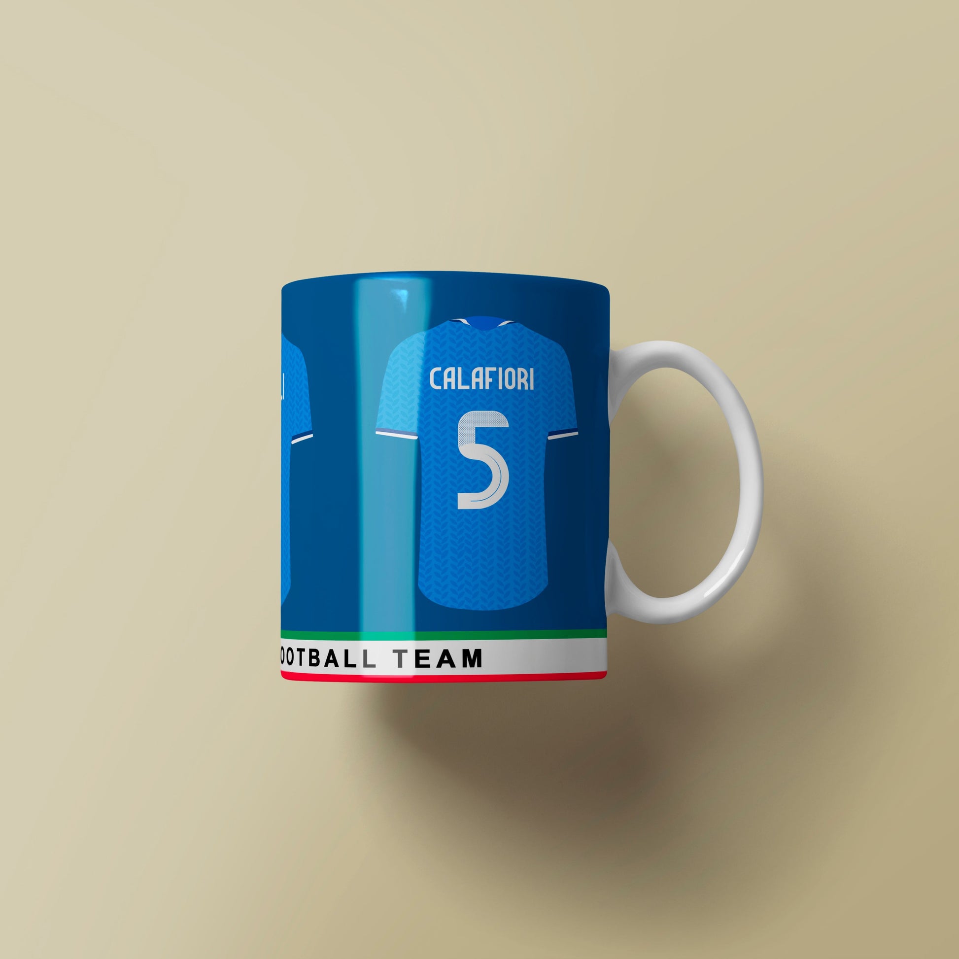 Mug with a design resembling a sports jersey on a beige background