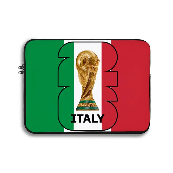 Laptop sleeve with Italian flag design and World Cup trophy on a white background