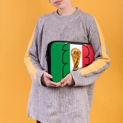 Person holding a small bag with a design of a trophy and flag on a yellow background