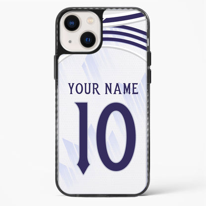 Phone case with a sports jersey design, customizable text, on a white background
