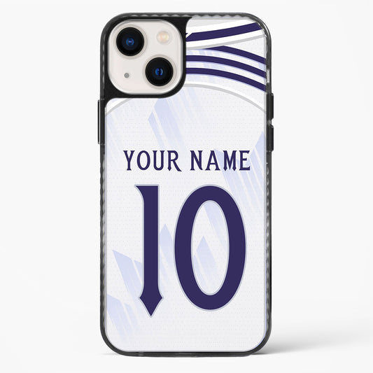 Phone case with a sports jersey design, customizable text, on a white background