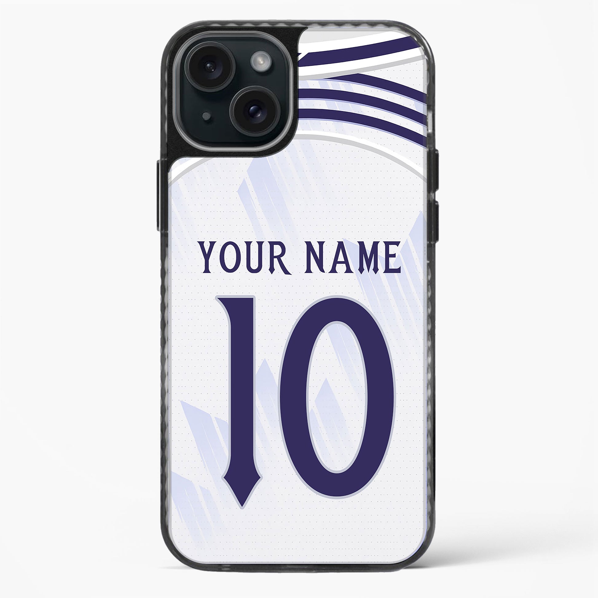 Phone case with a design of a sports jersey, featuring a number '10' and text 'Your Name'.