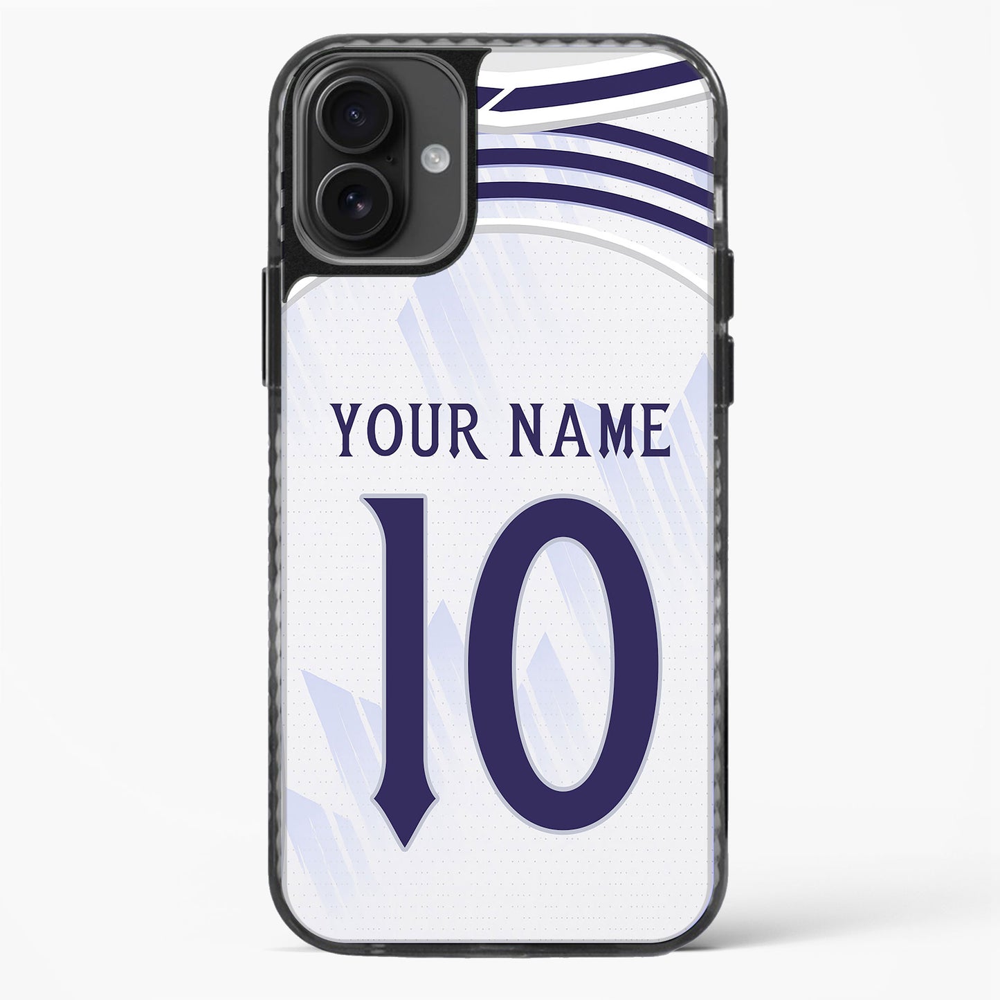 Phone case with a sports jersey design, number 10, and space for personalization on a white background.