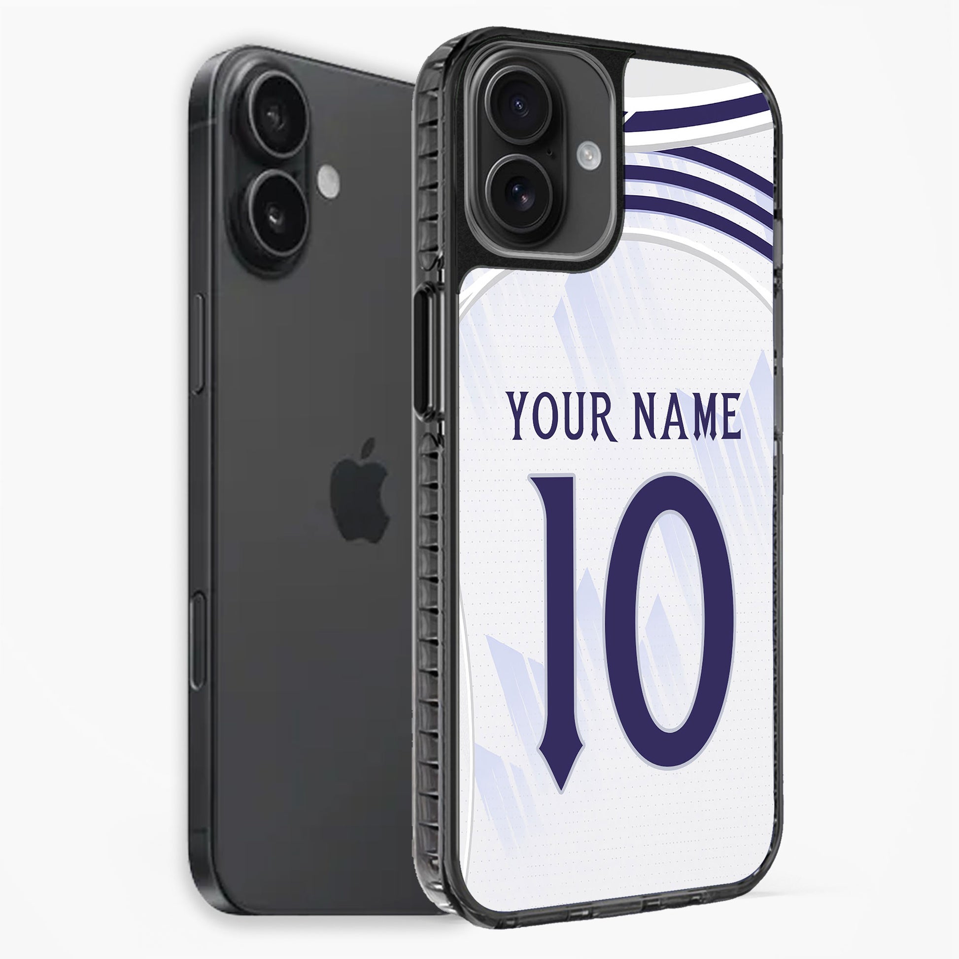 Phone case with customizable text on a white background