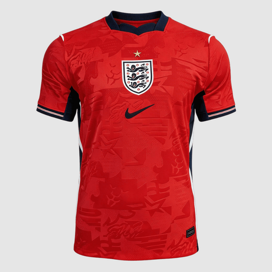 Red sports jersey with a logo on a gray background