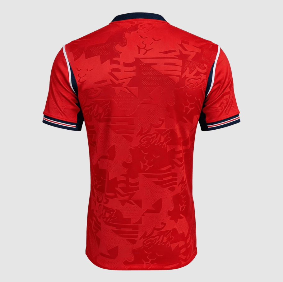 Red sports jersey with black and white accents on a gray background