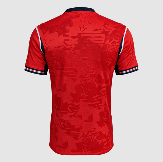 Red sports jersey with black and white accents on a gray background