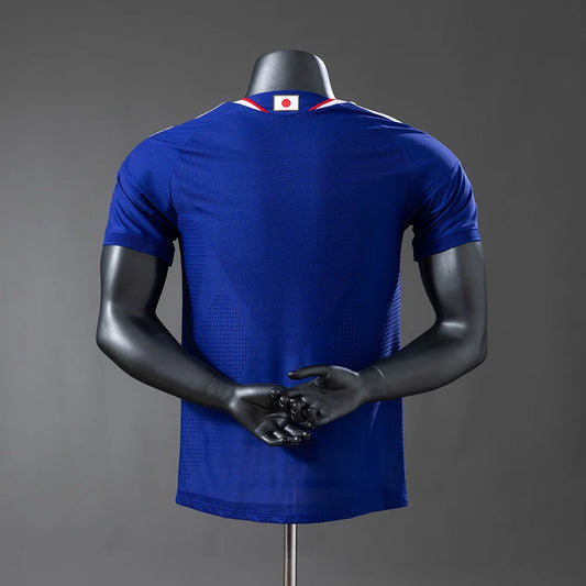 Blue sports jersey on a mannequin against a gray background