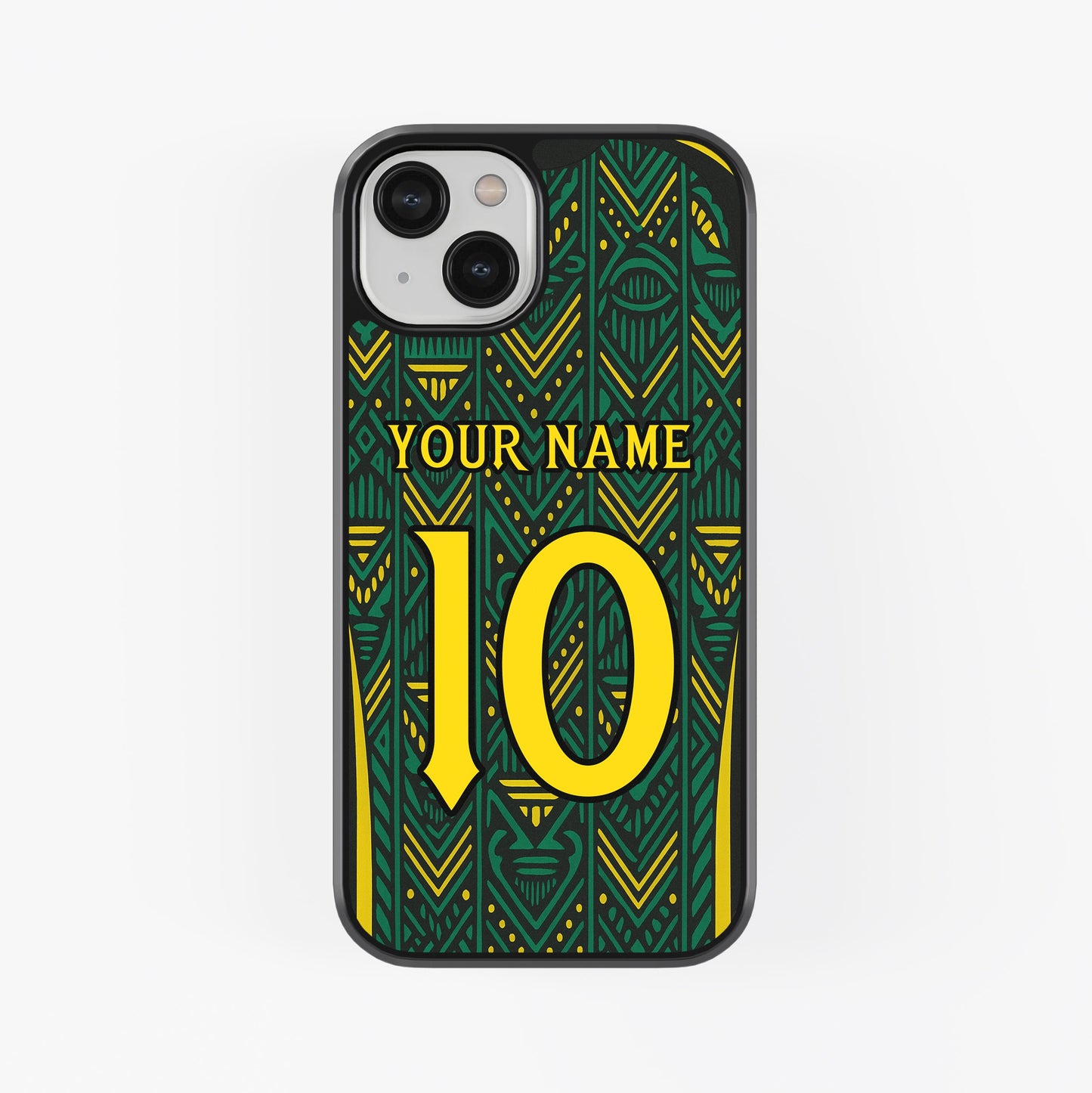 Phone case with green and yellow design, customizable text, on a white background