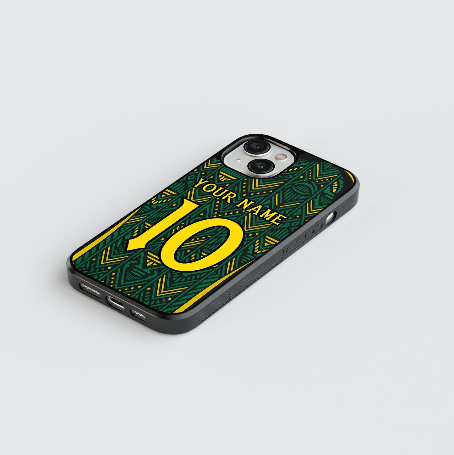 Phone case with a green and yellow design on a light gray background
