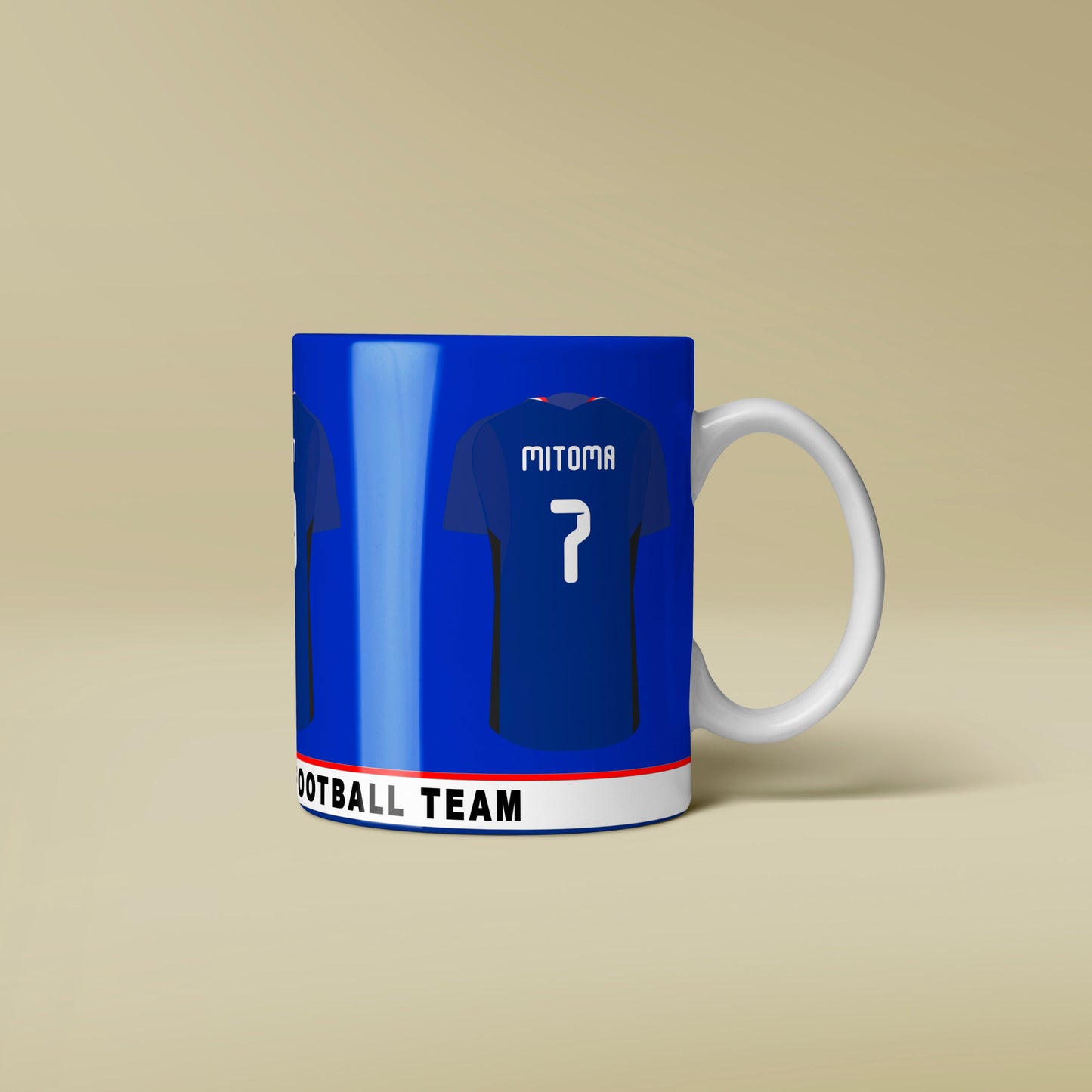 Mug designed like a football team jersey with visible branding on a beige background