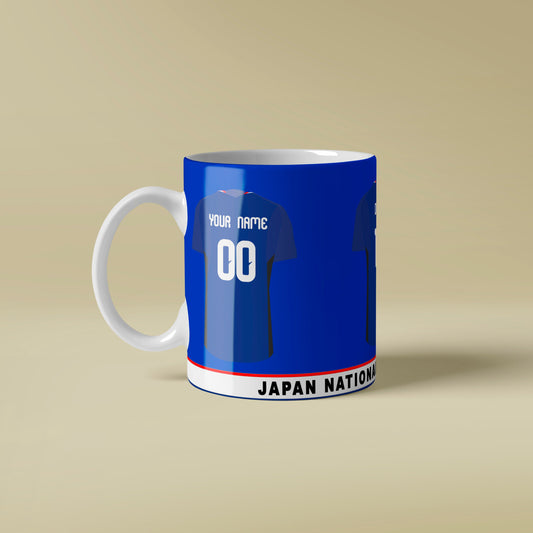 Mug designed like a sports jersey with 'Japan National' text on a beige background