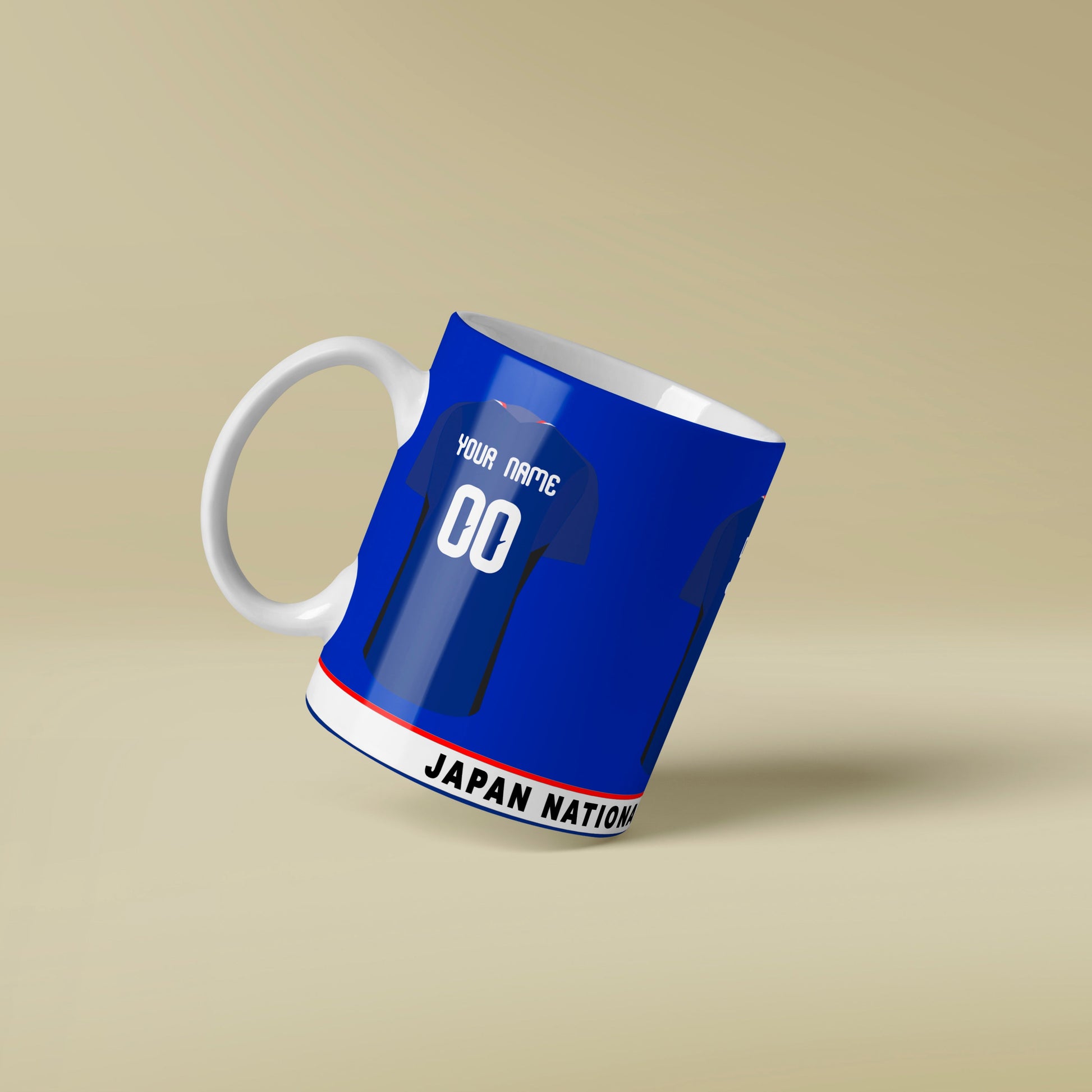 Mug designed like a sports jersey with 'Japan National' text on a beige background