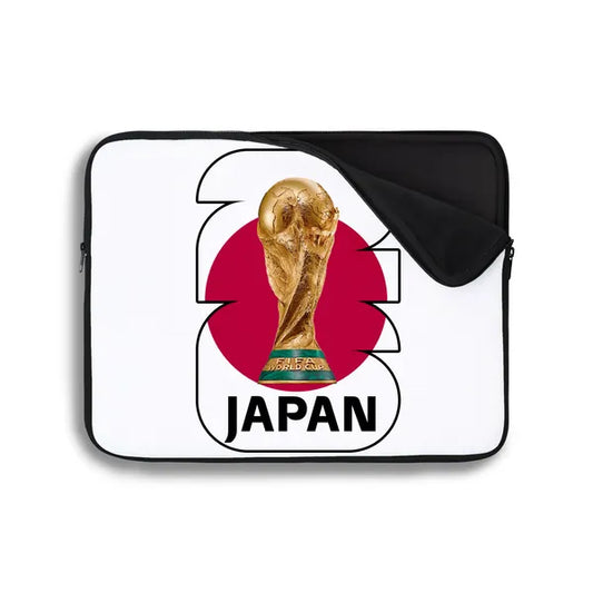 Laptop sleeve with World Cup trophy and 'Japan' text on a white background