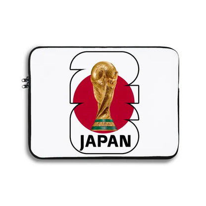 Laptop sleeve with World Cup trophy and 'Japan' text on a white background