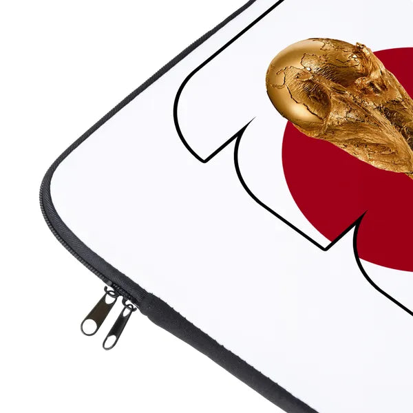 Laptop sleeve with a red flower design and gold leaf on a white background