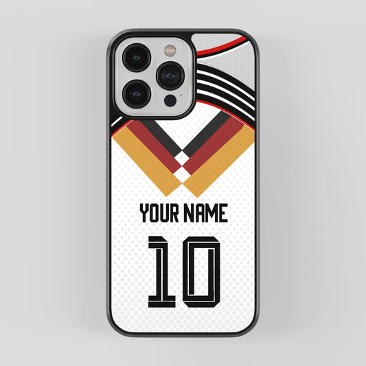 Phone case with red and blue design, yellow number 10, and customizable text on a gray background