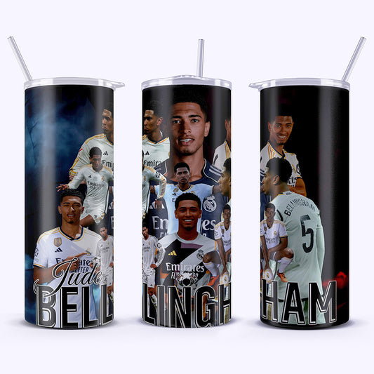 Three tumblers with soccer player images and names on a white background