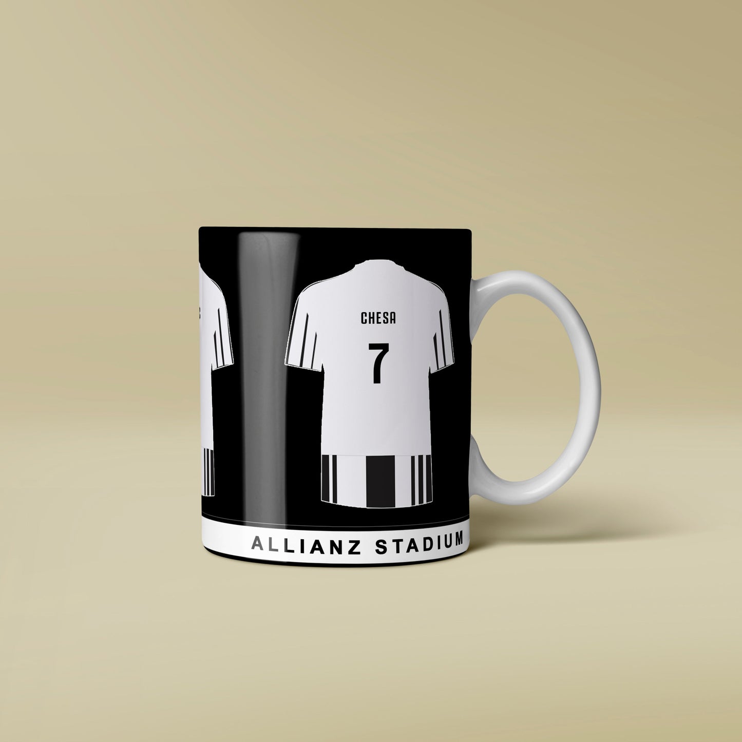 Mug with soccer jersey design on a beige background